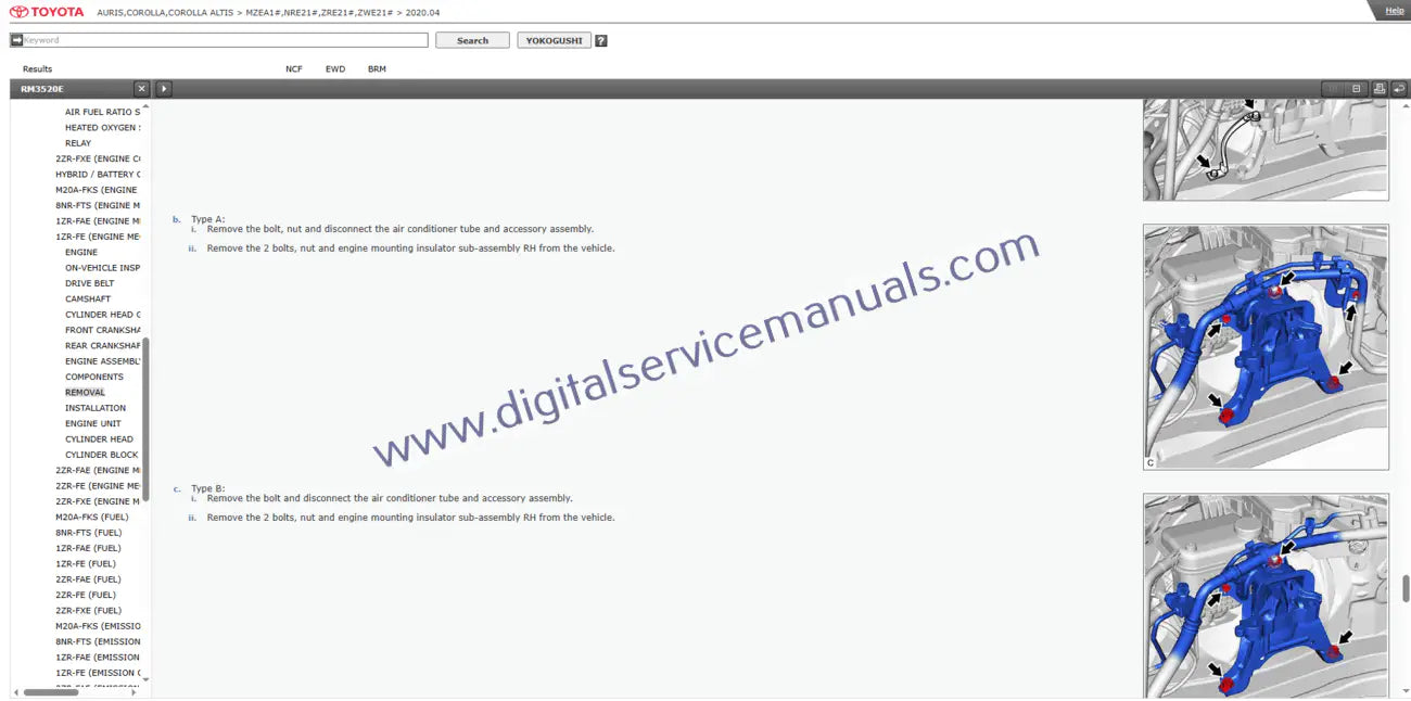 Explore the interactive repair manual for Toyota Corolla / Auris / Corolla Altis (2018-2022) engine and powertrain service. Get dynamic views and in-depth guides for precise workshop maintenance and repair
