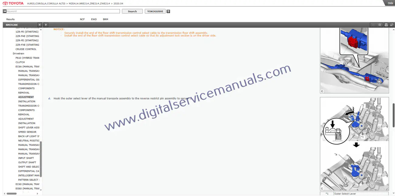 Utilize the interactive service manual for Toyota Corolla / Auris / Corolla Altis (2018-2022) transmission repair. Your essential dynamic guide for workshop diagnosis and maintenance of all driveline systems.