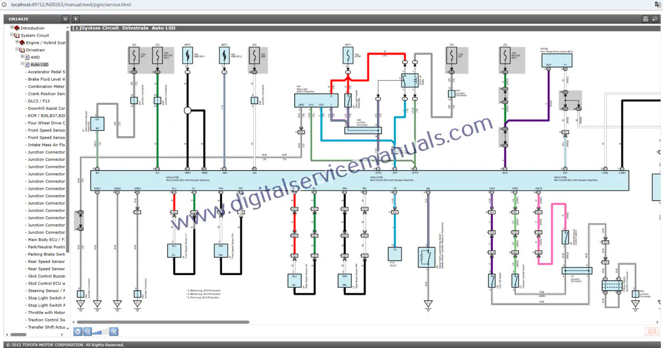 Navigate detailed interactive wiring diagrams within our Toyota 4Runner (2009-2016) repair manual. Essential for service and precise electrical troubleshooting for all years from 2009 to 2016 in your workshop, with clickable components and color-coded circuits.
