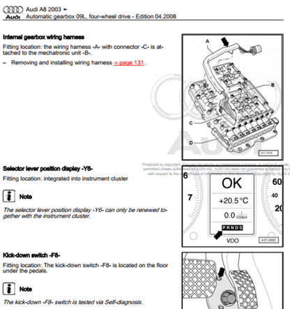 Access the Audi A8 & S8 (2003-2010) transmission service manual, your essential guide for workshop and repair of Audi A8 or S8 transmission systems.