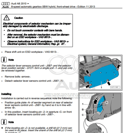 Access the Audi A8 (D4/4H) 2010-2017 transmission service manual, your essential guide for workshop and repair of Audi A8 (D4/4H) transmission systems.