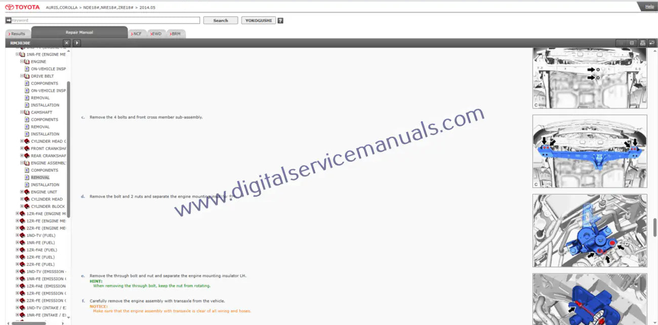 Explore the interactive repair manual for Toyota Corolla (2013) engine service. Detailed guides and dynamic views for your engine workshop needs."