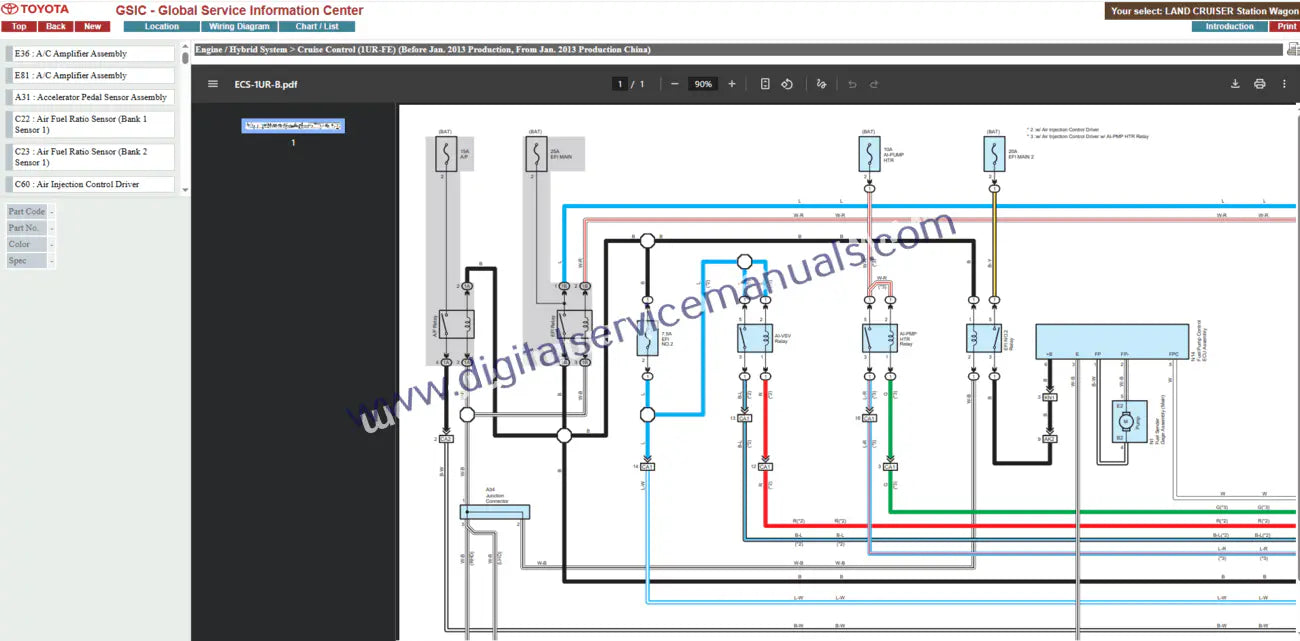 Navigate complex electrical systems seamlessly in your Toyota Land Cruiser Station Wagon J200 (2013-2014) Interactive Digital Garage. This all-in-one service & repair hub includes detailed wiring diagrams for accurate troubleshooting and service.