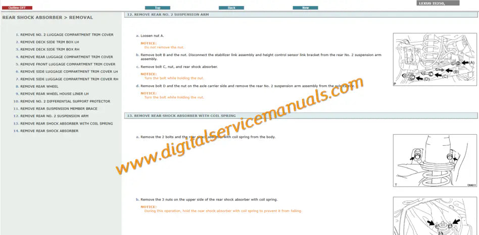 Lexus IS250 IS220d 2006-2013 manual for digital service providing suspension, braking, and steering troubleshooting components.