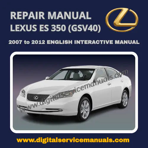A digital mockup of the Lexus ES 350 GSV40 Interactive Manual on a laptop screen, displaying an exploded view of the 2GR-FE V6 engine and a clickable sidebar navigation menu.