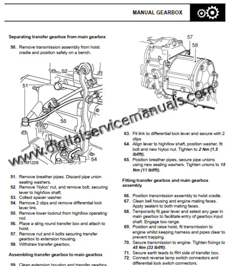 Digital service manual page illustrating the manual transmission assembly for Defender 300 Tdi.