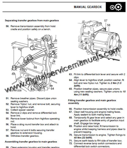 Digital service manual page illustrating the manual transmission assembly for Defender 300 Tdi.