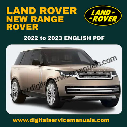 A professional digital representation of the New Range Rover L460 Workshop Manual, featuring a technical blueprint of the hybrid chassis and a detailed electronic schematic of the 4.4L V8 engine.