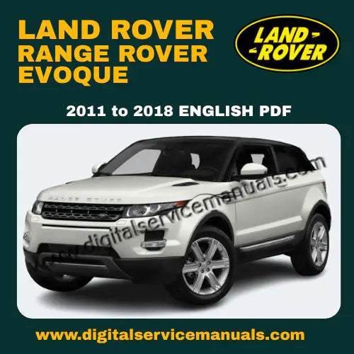 A high-quality digital product display of the Range Rover Evoque Service Manual showing a technical illustration of the GTDi engine on one side and a detailed wiring schematic of the AWF21 transmission on the other.