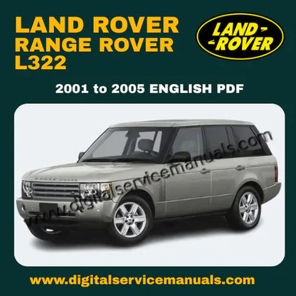 A high-resolution digital mockup of the Range Rover L322 (2001-2005) Workshop Manual, featuring a technical cross-section of the 4.4L V8 engine and a sample page of the air suspension system wiring.