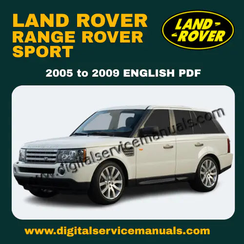 A high-resolution digital mockup of the Range Rover Sport L320 Workshop Manual featuring a technical schematic of the V8 Supercharged engine and an illustration of the air suspension system components.
